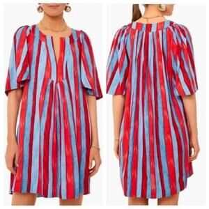 Pomander Place Painterly Blue Red Stripe Finley Flutter Sleeve Dress XS
